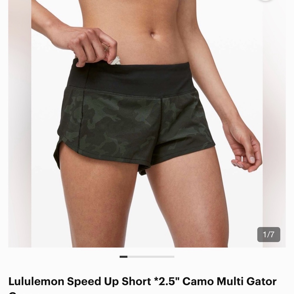 lululemon athletica Speed Up Short in Dark Green Camo with Black Waistband